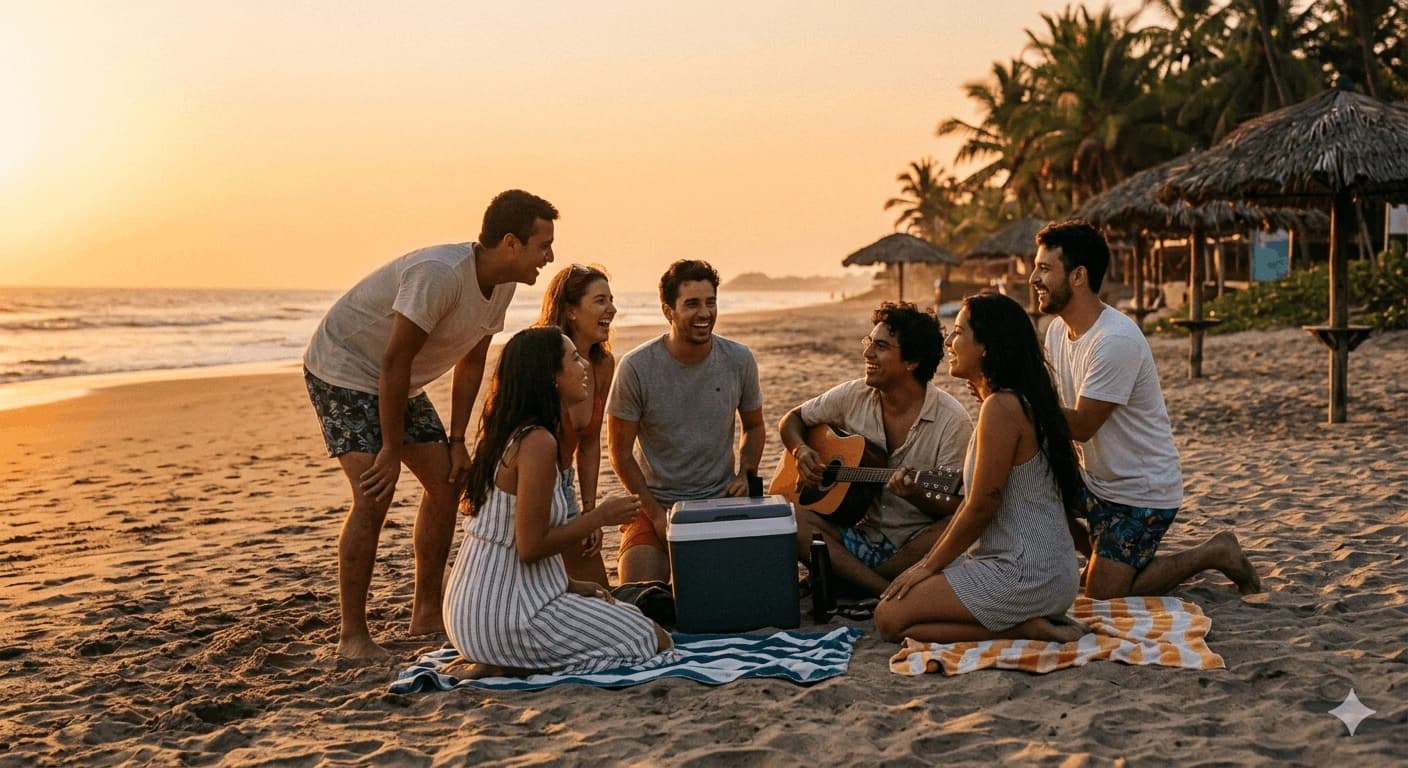 Groupe d'amis réunis sur une plage au coucher de soleil